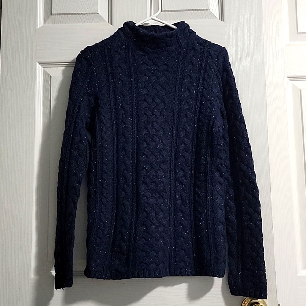 Lands End Navy Mock Neck Cabled Sweater XS